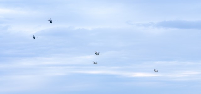Task Force Phoenix UH-60 Black Hawk and CH-47 Chinook helicopters from 1st Battalion, 168th Aviation Regiment (General Support Aviation Battalion) take part in an air assault mission during a Culminating Training Exercise, April 17, 2021, at Fort...