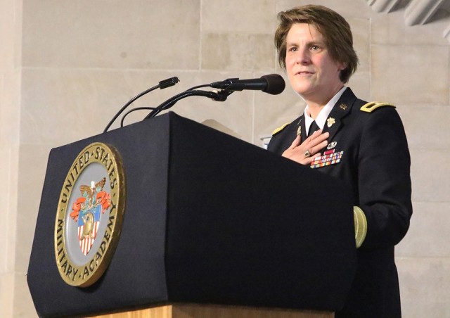 Dean of the Academic Board Brig. Gen. Cindy Jebb speaks to audience during the the Corps of Cadets Farewell Banquet to her April 15 at the Cadet Mess Hall. 