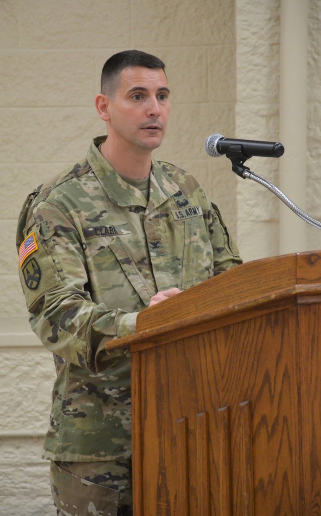 Col. Michael Clark, commander of the LOGCAP Support Brigade, addresses the attendees at the Change of Responsibility ceremony held at Rock Island Arsenal, Illinois, April 10. (Photo by Staci-Jill Burnley, ASC Public Affairs)
