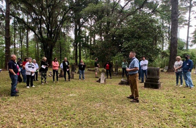 Installation archaeologist and Cultural Resource Program Manager, Brian Greer, gives the history of Clyde Cemetery during the annual Spring Cemetery Tour, April 15 on Fort Stewart.