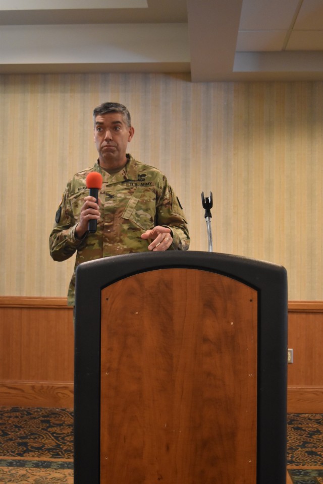 Col. Will McKannay, Fort Riley Garrison Commander, greets participants in the Army Community Partnership Workshop April 15. The purpose of the workshop was to facilitate and promote mutually beneficial partnerships within the Central Flint Hills...