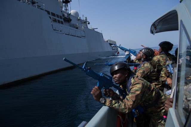 DJIBOUTI (Feb. 4, 2019) Comoros sailors prepare to participate in visit, board, search and seizure training aboard the Indian Talwar-class frigate INS Trikand (F 51) during exercise Cutlass Express 2019 in Djibouti, Feb. 4, 2019. Cutlass Express is designed to improve regional cooperation, maritime domain awareness and information sharing practices to increase capabilities between the U.S., East African and Western Indian Ocean nations to counter illicit maritime activity. (U.S. Air Force photo by Staff Sgt. Amy Picard/Released)