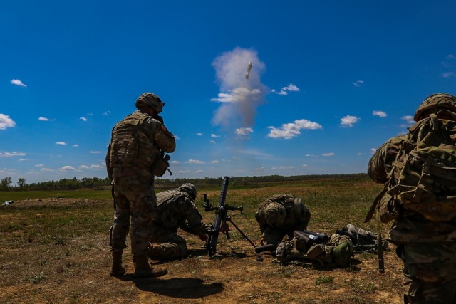 Soldiers from C Company “Cougar,” 2nd Battalion, 327th Infantry Regiment “No Slack,”, 1st Brigade Combat Team “Bastogne”, 101st Airborne Division (Air Assault) fire a 60mm mortar after receiving a fire mission during the fires coordination exercise at Observation Post 5  April 15 on Fort Campbell, Ky. The fires coordination exercise is a joint operation between 2-327 Inf. Regt. and 2nd Battalion, 32nd Field Artillery Regiment “Proud Americans,” to ensure Soldiers and leaders build technical and tactical competency at building and executing an indirect fires plan. U.S. Army Photo by Maj. Vonnie Wright