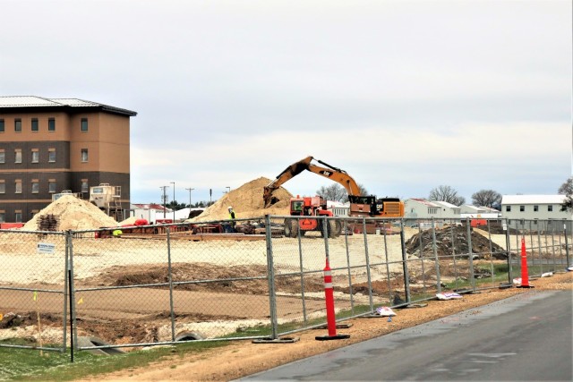 Infrastructure work is shown under way April 14, 2021, in the 1600 block of the cantonment area at Fort McCoy, Wis., for a second transient training troops barracks project. The second barracks $18.8 million barracks project was awarded to L.C....