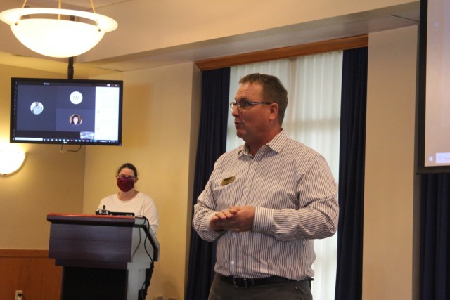 Army Community Service Director Kevin Hermann speaks to Fort McCoy, Wis., community members at the celebration luncheon for and last class of Financial Peace University on March 16, 2021, at McCoy's Community Center. The class, which offers...