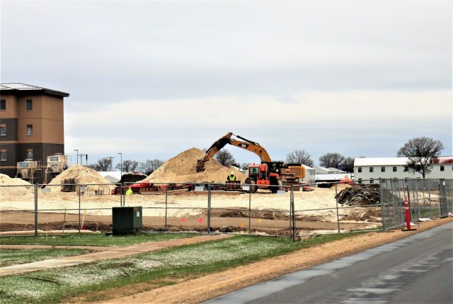Infrastructure work is shown under way April 14, 2021, in the 1600 block of the cantonment area at Fort McCoy, Wis., for a second transient training troops barracks project. The second barracks $18.8 million barracks project was awarded to L.C....