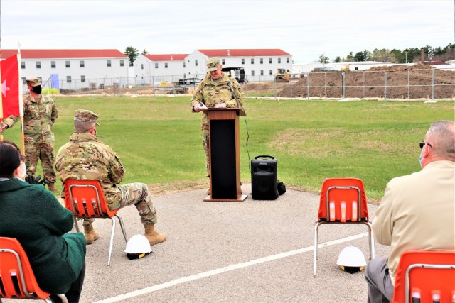 Garrison Commander Col. Micahel Poss provides remarks April 15, 2021, during a special ground-breaking ceremony at Fort McCoy, Wis. The ceremony recognized the construction of a second transient training barracks beginning on post. The second...