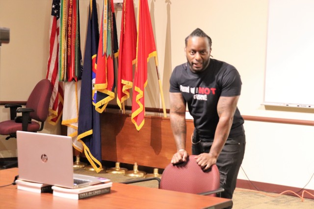 Obbie West, chief executive officer of Words of West LLC, shares his experiences and advice April 14, 2021, during a special Sexual Assault Awareness and Prevention Month event in building 60 at Fort McCoy, Wis. West is an “unapologetic” spoken words artist, entrepreneur, and military veteran who is an avid sexual violence and prevention advocate and is committed to promoting awareness through training and education. His poetry offers a unique and captivating angle from an uncut and straight forward approach. "The Perpetrator's Perspective" was recognized by the Department of the Army Maj. Gen. Keith L. Ware awards and has been widely incorporated into sexual assault training throughout the military. The event was organized by Fort McCoy Garrison Sexual Harassment/Assault Response and Prevention personnel with the installation Army Community Service Office of the Directorate of Family and Morale, Welfare and Recreation. (U.S. Army Photo by Scott T. Sturkol, Public Affairs Office, Fort McCoy, Wis.)