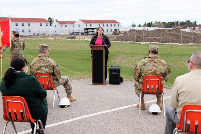 Directorate of Public Works Director Liane Haun provides opening remarks April 15, 2021, during a special ground-breaking ceremony at Fort McCoy, Wis. The ceremony recognized the construction of a second transient training barracks beginning on...