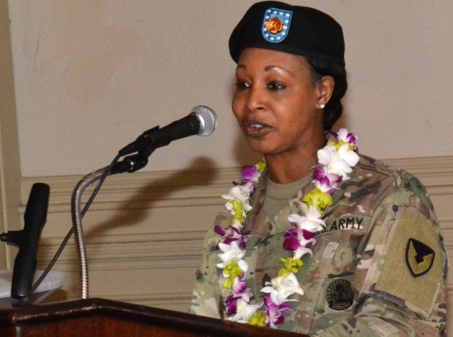 Command Sgt. Maj. Tamisha A. Love expresses her pride in becoming the garrison CSM during an April 23 change of responsibility ceremony at Fort Lee, Va. She last served as the CSM for Headquarters and Headquarters Battalion, 1st Infantry Division, Fort Riley, Kansas. She is fairly well known at Fort Lee, having previously served in noteworthy positions such as chief instructor and writer in the Logistics Training Department and first sergeant of the Quartermaster Branch at the Logistics Noncommissioned Officer Academy. (U.S. Army photo by Patrick Buffett)