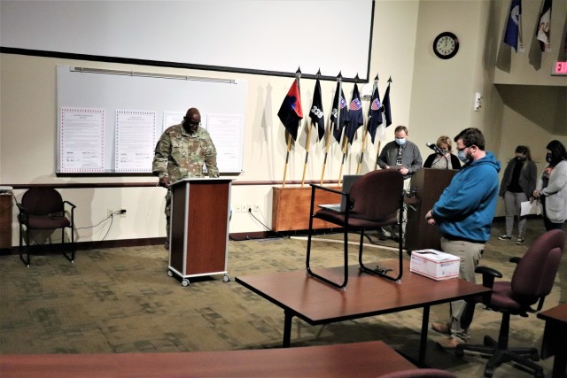 Chaplain (Maj.) Robert Rand with the Fort McCoy Religious Support Office gives an invocation at the beginning of a video that discusses the post’s planned April observances April 1, 2021, in building 60 at Fort McCoy, Wis. Rand was part of a...