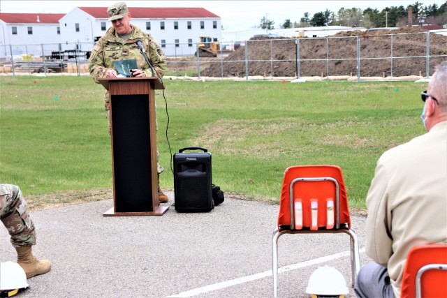 Garrison Commander Col. Micahel Poss provides remarks April 15, 2021, during a special ground-breaking ceremony at Fort McCoy, Wis. The ceremony recognized the construction of a second transient training barracks beginning on post. The second...