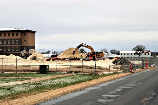 Infrastructure work is shown under way April 14, 2021, in the 1600 block of the cantonment area at Fort McCoy, Wis., for a second transient training troops barracks project. The second barracks $18.8 million barracks project was awarded to L.C....