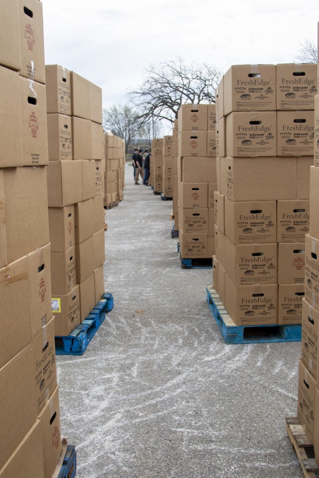 The regional United States Department of Agriculture Food Box program delivered 24 pallets of food boxes, with approximately 50 boxes per pallet, for distribution to community members of Sparta, Wis., April 7, 2021, at Memorial Park in Sparta....