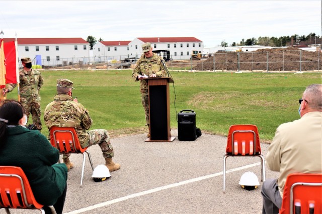 Garrison Commander Col. Micahel Poss provides remarks April 15, 2021, during a special ground-breaking ceremony at Fort McCoy, Wis. The ceremony recognized the construction of a second transient training barracks beginning on post. The second...