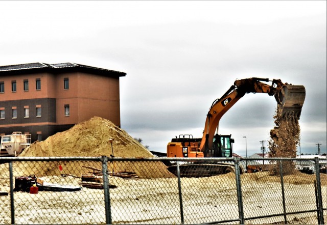 Infrastructure work is shown under way April 14, 2021, in the 1600 block of the cantonment area at Fort McCoy, Wis., for a second transient training troops barracks project. The second barracks $18.8 million barracks project was awarded to L.C....