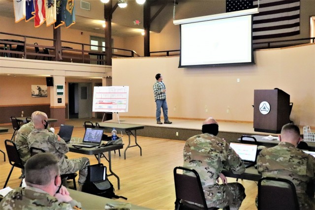 Brad Vieth, range safety officer with the Fort McCoy Directorate of Plans, Training, Mobilization and Security (DPTMS), briefs 23 service members attending the DPTMS Training Workshop on April 8, 2021, in building 905 at Fort McCoy, Wis. This was the first workshop held by the directorate to assist unit representatives with the processes and requirements to schedule and hold training at Fort McCoy. The workshop took place April 7-8 and participants learned about range safety, range operations, range maps, and more. (U.S. Army Photo by Scott T. Sturkol, Public Affairs Office, Fort McCoy, Wis.)