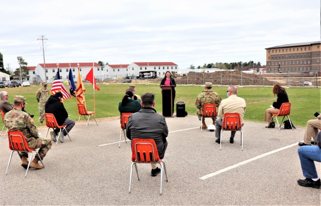 Directorate of Public Works Director Liane Haun provides opening remarks April 15, 2021, during a special ground-breaking ceremony at Fort McCoy, Wis. The ceremony recognized the construction of a second transient training barracks beginning on...