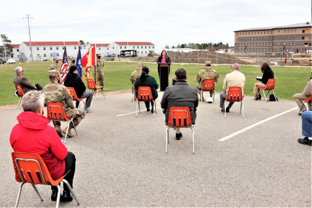 Directorate of Public Works Director Liane Haun provides opening remarks April 15, 2021, during a special ground-breaking ceremony at Fort McCoy, Wis. The ceremony recognized the construction of a second transient training barracks beginning on...