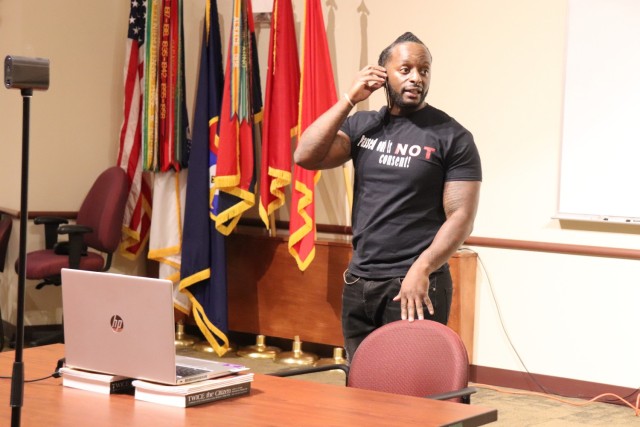 Obbie West, chief executive officer of Words of West LLC, shares his experiences and advice April 14, 2021, during a special Sexual Assault Awareness and Prevention Month event in building 60 at Fort McCoy, Wis. West is an “unapologetic” spoken words artist, entrepreneur, and military veteran who is an avid sexual violence and prevention advocate and is committed to promoting awareness through training and education. His poetry offers a unique and captivating angle from an uncut and straight forward approach. "The Perpetrator's Perspective" was recognized by the Department of the Army Maj. Gen. Keith L. Ware awards and has been widely incorporated into sexual assault training throughout the military. The event was organized by Fort McCoy Garrison Sexual Harassment/Assault Response and Prevention personnel with the installation Army Community Service Office of the Directorate of Family and Morale, Welfare and Recreation. (U.S. Army Photo by Scott T. Sturkol, Public Affairs Office, Fort McCoy, Wis.)