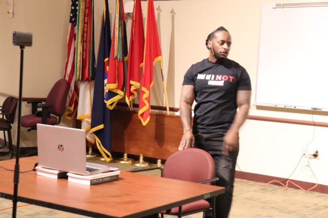 Obbie West, chief executive officer of Words of West LLC, shares his experiences and advice April 14, 2021, during a special Sexual Assault Awareness and Prevention Month event in building 60 at Fort McCoy, Wis. West is an “unapologetic” spoken words artist, entrepreneur, and military veteran who is an avid sexual violence and prevention advocate and is committed to promoting awareness through training and education. His poetry offers a unique and captivating angle from an uncut and straight forward approach. "The Perpetrator's Perspective" was recognized by the Department of the Army Maj. Gen. Keith L. Ware awards and has been widely incorporated into sexual assault training throughout the military. The event was organized by Fort McCoy Garrison Sexual Harassment/Assault Response and Prevention personnel with the installation Army Community Service Office of the Directorate of Family and Morale, Welfare and Recreation. (U.S. Army Photo by Scott T. Sturkol, Public Affairs Office, Fort McCoy, Wis.)