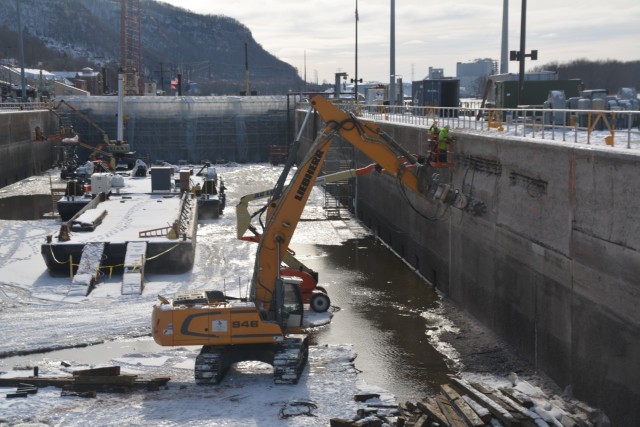 The lock chamber at Lock and Dam 4, near Alma, Wisconsin, is dewatered to perform maintenance and repairs.