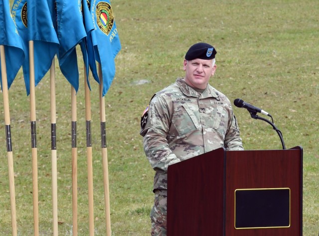 Col. Joseph A. Jackson, commander of the Leader Training Brigade, introduces himself to the audience at Victory Field following the unit's April 15 change of command. 'I consider myself fortunate to be afforded the chance to lead,' he said. (Photo by Wallace McBride)