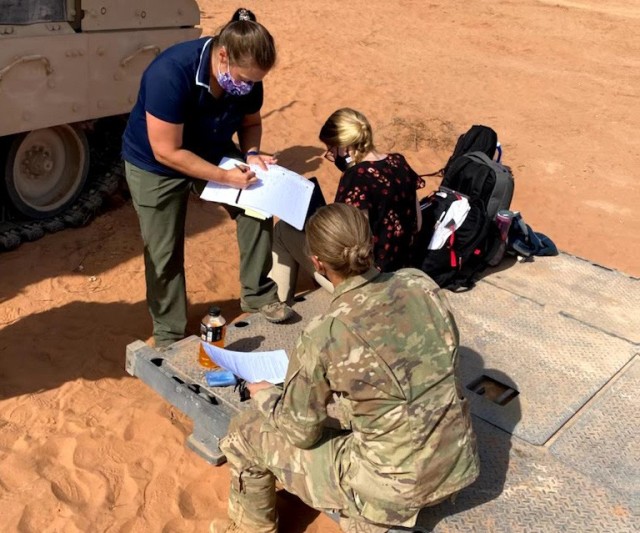 Dr. Susannah Knust and Kelly Toner interview a Soldier at Fort Bliss, Texas.
