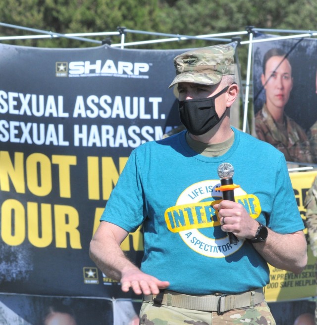 Col. Jason P. Affolder, 23rd Quartermaster Brigade commander, speaks to a crowd of Soldiers at the annual Jumping for SHARP event, held April 22 on Fort Lee’s Stillions Field.  Noting how sexual assault and harassment has a way of eroding trust...