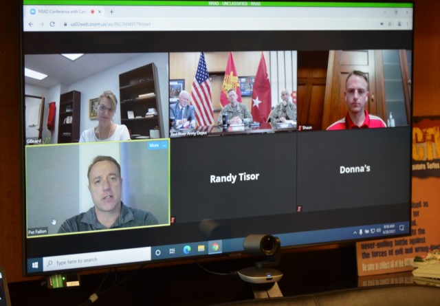Tank-automotive and Armaments Command Commanding General Maj Gen. Darren Werner, Red River Army Depot Commander Col. Jack Kredo and RRAD Deputy Commander Patton Tidwell conduct a virtual meeting with Congressman Pat Fallon and members of his staff...