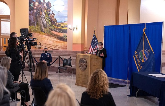 Kansas Gov. Laura Kelly speaks before signing into law House Bill 2066 — the Occupational License Reciprocity Bill — in a ceremony April 21 at the Kansas State Capitol rotunda. Photo by Thad Powell/Kansas Department of Health and Environment