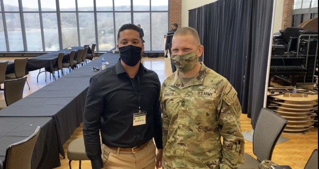 Sgt. Maj. of the Army, Command Sgt. Maj. Michael Grinston takes a moment to take a photo with Spc. Anthony Collins, a human resources specialist assigned to the 94th AAMDC while attending the People First Solarium at U.S. Military Academy West Point from March 15-19, 2021.