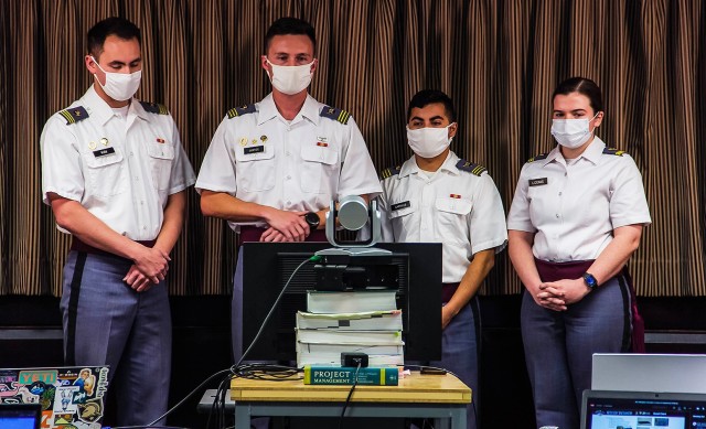 (From left to right) Class of 2021 Cadets Tyler Kim, Jarret Justice, Jesus Carrillo and Courtney Loomis worked together as members of Team Defenders on project B, which focused on designing enhanced, state of the art, underbody armor plates for...