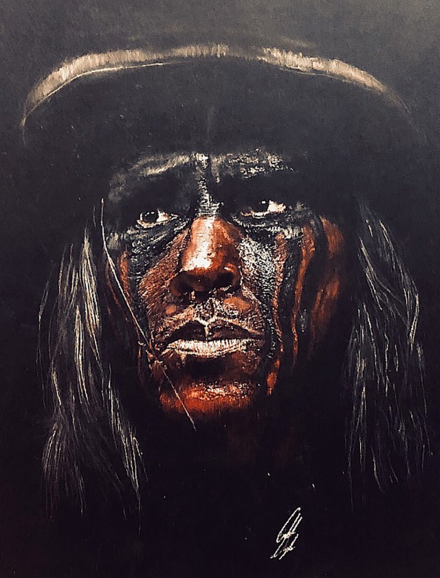 John Calabro Night of the Arts’ studio arts winner, Class of 2023 Cadet Caleb  Doyle, for “The Scout.” He used colored pencils on a blackboard to create his riveting art piece of a Native American warrior. 
				    (Photo provided by Class of 2023 Cadet Caleb Doyle)