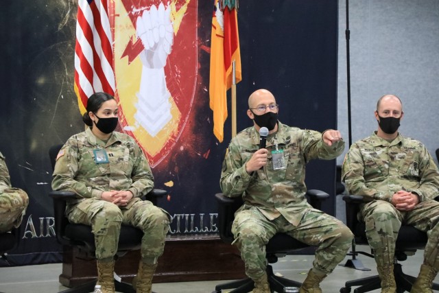 Col. Matthew W. Dalton, 38th Air Defense Artillery Brigade commander, shares remarks and observations with commanders and staff during the Rehearsal of Concept Drill at the Mission Training Complex, Sagami General Depot, Japan April 23, 2021. The...