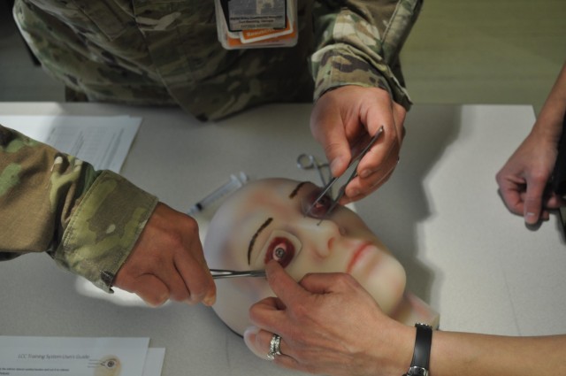 Martin Army Community Hospital 3rd-year resident Capt. Mark Betten practiced performing a Lateral Canthotomy and Cantholysis (LCC) to save a patient's eyesight after blunt trauma to the face.