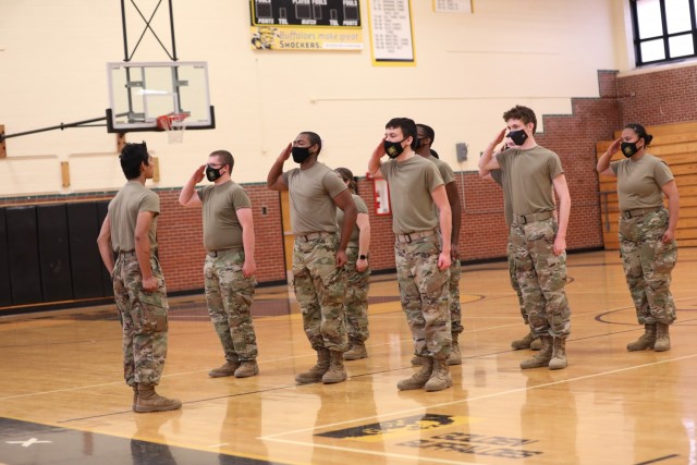 WICHITA, Kan. – Cadets from a Wichita-area Junior Reserve Officer Training Corps program rehearse drill and ceremony during the first annual Capt. Pitts Challenge, hosted by Wichita State University’s Army ROTC program Apr. 23. Wichita State...
