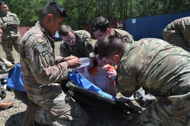 Doctors from Martin Army Community Hospital's Family Medicine Residency Program take part in a mass casualty exercise at the Medical Simulation Training Center as part of their 3-day operational medicine course, Family Medicine Residency Experience.