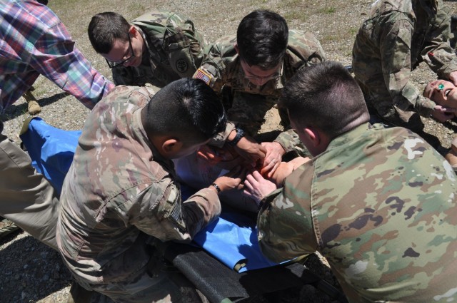 Doctors from Martin Army Community Hospital's Family Medicine Residency Program take part in a mass casualty exercise at the Medical Simulation Training Center as part of their 3-day operational medicine course, Family Medicine Residency Experience.