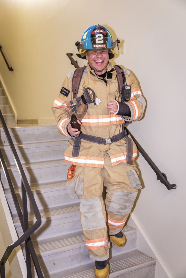 Mark Colley, a volunteer firefighter for the New Haven, Mich. Fire Department, competes in the “Fight for Air” stair climbing event in Jan. 2019.  The annual event helps raise money for the American Heart Association.  Colley works for the Integrated Logistics Support Center on the Detroit Arsenal, Mich. and is the Director for Combat Support and Combat Service Support, Readiness, and Sustainment.