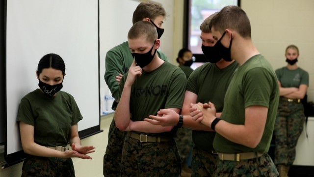 WICHITA, Kan. – Cadets from a Wichita-area Junior Reserve Officer Training Corps program formulate a plan before competing in an obstacle course as part of the first annual Capt. Pitts Challenge, hosted by Wichita State University’s Army ROTC...