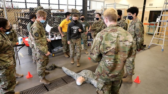 WICHITA, Kan. – Cadets from a Wichita-area Junior Reserve Officer Training Corps program learn about basic military first aid as part of the first annual Capt. Pitts Challenge, hosted by Wichita State University’s Army ROTC program Apr. 23....