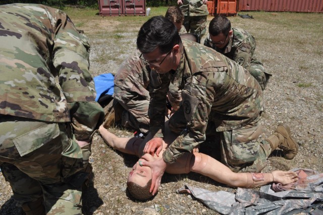 Doctors from Martin Army Community Hospital's Family Medicine Residency Program take part in a mass casualty exercise at the Medical Simulation Training Center as part of their 3-day operational medicine course, Family Medicine Residency Experience.