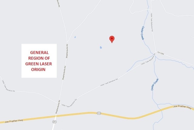 Military police officers responded to the area April 15, 2021, where the green laser beam incident originated. However, they were unable to locate those responsible.