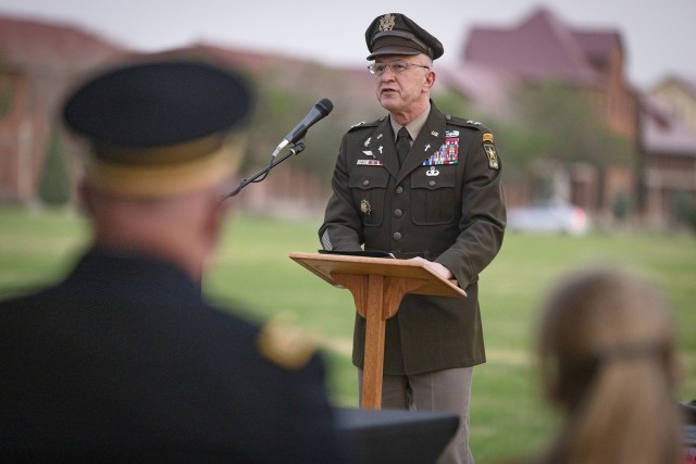 Chaplain (Maj. Gen.) Thomas Solhjem, the U.S. Army Chief of Chaplains, speaks to guests during the Torah scroll dedication ceremony at Fort Bliss, Texas, April 26, 2021. “Thanks to everyone who made this a reality,” said Solhjem. “We have been together since our founding. Jewish people have committed to the founding of our country, yet they were not always received and welcomed. Today’s Army is something much different.”