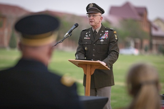 Chaplain (Maj. Gen.) Thomas Solhjem, the U.S. Army Chief of Chaplains, speaks to guests during the Torah scroll dedication ceremony at Fort Bliss, Texas, April 26, 2021. “Thanks to everyone who made this a reality,” said Solhjem. “We have...