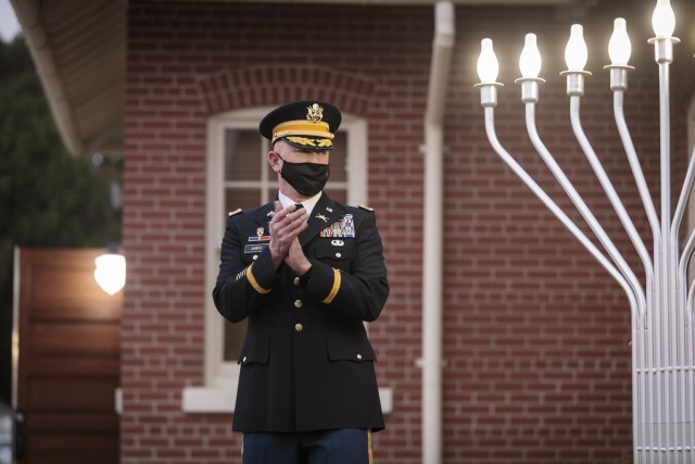 Colonel Stu James, the Fort Bliss garrison commander, stands outside of Chapel 3, the Jewish synagogue, at Fort Bliss, Texas, April 26, 2021. James and leaders and worshippers from across Fort Bliss joined the Bliss Religious Support Office and the Jewish community in celebrating the refurbishment of the facility and the dedication of the installation’s Torah scroll. (U.S. Army photo by David Poe, USAG Fort Bliss)