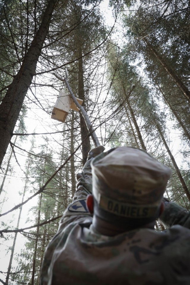 Spc. Dominic Daniels, a supply specialist assigned 2nd Battalion, 8th Cavalry Regiment, stretches with a wooden pole to hang a bird house in a tree outside the Lithuanian city of Kaunas on March 13, 2021. Daniels, along with fellow Troopers,...