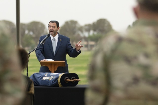 Gilad Katz, the Consul General of Israel to the Southwest, speaks during the Torah rededication ceremony at Fort Bliss, Texas, April 26, 2021.