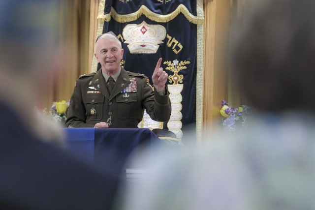 Chaplain (Maj. Gen.) Thomas Solhjem, the U.S. Army Chief of Chaplains, speaks to guests during the Torah scroll dedication ceremony at Fort Bliss, Texas, April 26, 2021.